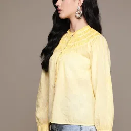 Label Ritu Kumar Yellow Cotton Full Sleeves Solid Short Top image 3