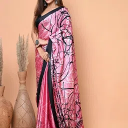 BEATITUDE Pink Printed Satin Crape Saree image 3