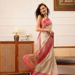 Silk Land Beige Silk Printed Saree With Unstitched Blouse image 3