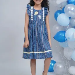 Little Bansi Girls Blue Regular Fit Printed Dress-picture-1