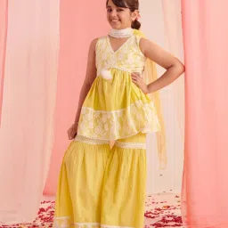 Pspeaches Girls Lime Cotton Regular Fit Self Design Kurta Set image 3