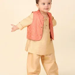 Fabindia Kids Beige & Peach Self Design Full Sleeves Kurta, Pants With Nehru Jacket image 3