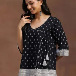 Libas Black Cotton Printed Angrakha Short Kurti image 3