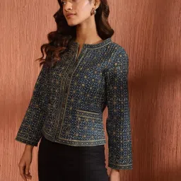 Fabindia Teal Blue Cotton Printed Jacket image 3