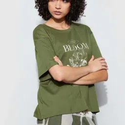 Ginger By Lifestyle Dark Olive Cotton Regular Fit Printed Sleepwear T-Shirt-image-88