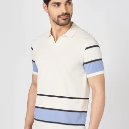 Byford By Pantaloons Beige Cotton Slim Fit Striped Polo T-Shirt image 3