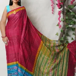 Unnati Silks Maroon & Green Silk Printed Saree With Unstitched Blouse-image-23
