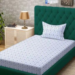 Klotthe White & Blue 300 TC Polycotton Single Book Fold Bedsheet with Pillow Cover-picture-20
