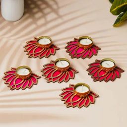 eCraftIndia Golden & Pink Lotus Flower Decorative Tea Light Candle Holders (Set of 6)-picture-43
