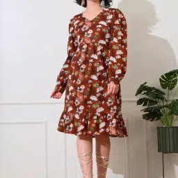 Deckedup Brown Cotton Relaxed Fit Floral Print Dress-picture-2