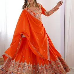 ETHNIC PLUS Embroidered Semi-Stitched Lehenga & Unstitched Blouse With Dupatta-picture-18
