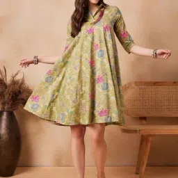 Inweave Green Floral Print A-Line Dress-image-3