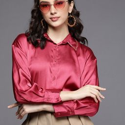 SASSAFRAS Women Pink Comfort Fit Satin Longline Party Shirt-picture-44