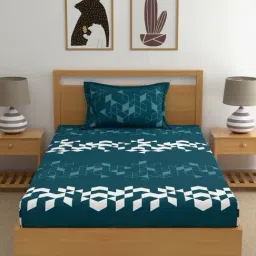 Dreamscape Teal Blue Cotton 140 TC Single Fitted Bedsheet with 1 Pillow Cover-picture-16