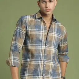 Indian Needle Men Classic Windowpane Checks Opaque Checked Casual Shirt-image-20