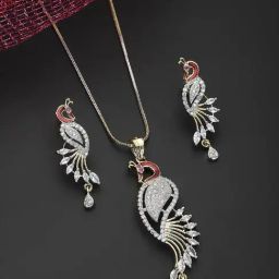 Zeneme Rhodium Plated Silver Toned Grey American Diamond Jewellery Set-picture-39