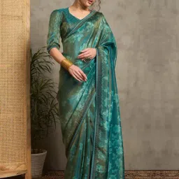 Saree Mall Teal blue Organza Embellished Saree with Blouse Piece-image-37