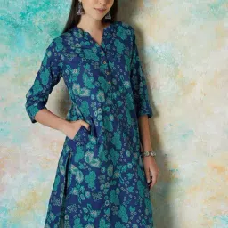 Melange by Lifestyle Blue Cotton Printed Straight Kurta-image-69