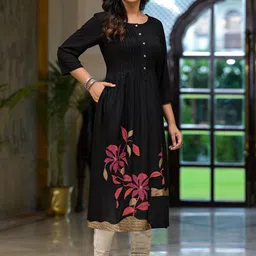Juniper Floral Printed Round Neck Liva A-Line Kurta image 2