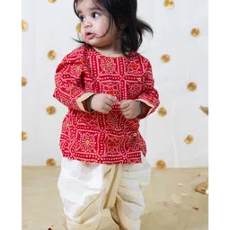 Tiber Taber  Full Sleeves Bandhani Design & Lace Embellished Kurta With Coordinating Dhoti Set - Red-picture-14