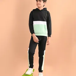 Lilpicks Couture Full Sleeves Colour Blocked Terry Fleece Hooded Sweatshirt & Joggers Set - Black-image-36