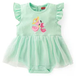 Babyhug 100% Cotton Knit Frill Sleeves Flamingo Printed Frock Style Onesie - Green-image-67