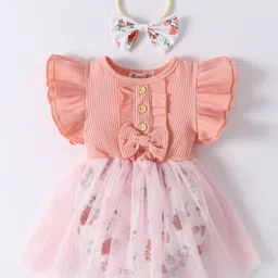 Kookie Kids Frill Sleeves Frock Style Onesie & Bow Headband With Floral Print - Peach-picture-24