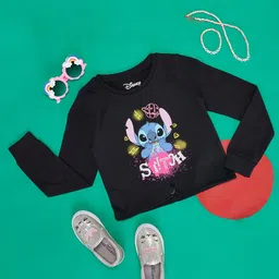 Pantaloons Junior Cotton Lilo & Stitch Featuring Full Sleeves Character Printed Tee - Black-picture-26