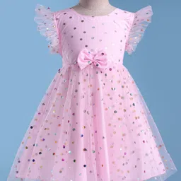 Babyhug Woven Frill Sleeves Mesh Party Party Dress with Foil Print & Bow Applique - Pink-picture-31