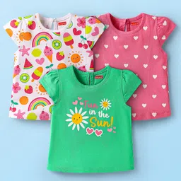 Babyhug Cotton Knit Cap Sleeves T-Shirts with Hearts & Tropical Theme Print Pack of 3 - Pink Light Green & White-picture-17