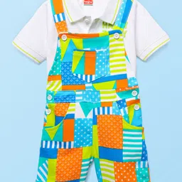 Babyhug Single Jersey Knit Half Sleeves Polo T-Shirt & Dungaree With Nautical Print - White-picture-11