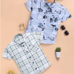 blushh berry Cotton Blend Woven Pack Of 2 Half Sleeves Checked & Leaves Printed Shirts - Blue & Green-picture-25
