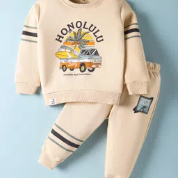 CUCUMBER Looper Knit Full Sleeves T-Shirt & Lounge Pant Set With Beach Theme Print - Ivory-picture-15