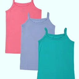Kiddopanti Cotton Knit Pack Of 3 Sleeveless Solid Camisoles - Neon Pink Aqua Green & Ink Blue-picture-36