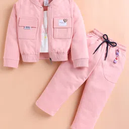 KIDZELLO Cotton Knit Full Sleeves Heart Patch Detailed Jacket With Pant & Tee Set - Peach-picture-17