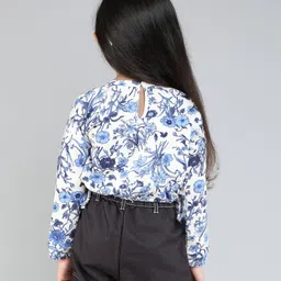 Taffykids Full Sleeves Floral Printed Waist Tie Up Crop Sweatshirt - White & Blue image 3