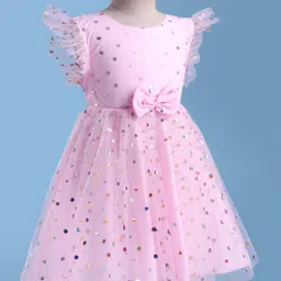 Babyhug Woven Frill Sleeves Mesh Party Party Dress with Foil Print & Bow Applique - Pink image 2