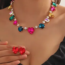 Peora Gold Plated Crystal & Cubic Zirconia Studded Necklace With Studs image 2