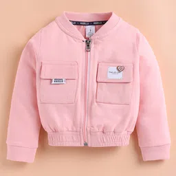 KIDZELLO Cotton Knit Full Sleeves Heart Patch Detailed Jacket With Pant & Tee Set - Peach image 4