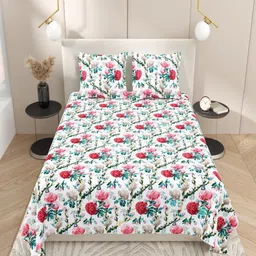 INDRA'S White & Green Floral 144 TC Bedsheet with 2 Pillow Covers-picture-39