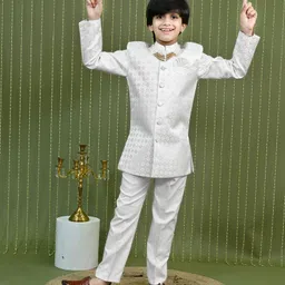 Ahhaaaa Viscose Woven Full Sleeves Geometric Shape Embroidered Sherwani & Pant Set - White image 5