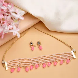 Sangria Women Pink Artificial Beads Layered Necklace With Drop Earrings-image-35