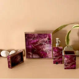 CasaGold Wooden Bathroom Pink Marble Luxury Bath Accessories (Set of 4)-picture-22