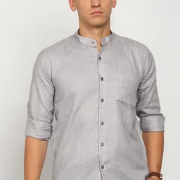 ELLIPSE Men Solid Mandarin Collar Linen Casual Shirt-picture-39