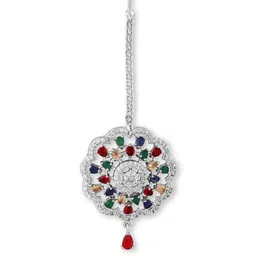 manuvi jewels Elegant Silver-Plated American Diamond Necklace, Earrings & Maangtikka Set for Women image 5