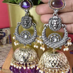 MEIRA JEWELLERY Silver-Plated Stones Studded & Beaded Oxidised Dome Shaped Jhumkas image 2