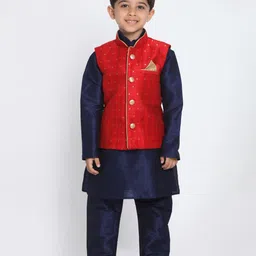 Vastramay Full Sleeves Kurta With Square Brocade Work Jacket & Pyjama Set - Red-image-4