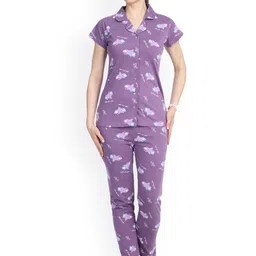 Morrio Women Graphic Printed Lapel Collar Pure Cotton Shirt & Pyjamas-image-34