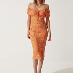 Happiness istanbul Floral Print Off-Shoulder Bodycon Midi Dress-picture-19