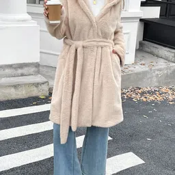 bebe Women Faux Fur Spread Collared Longline Overcoat-picture-16